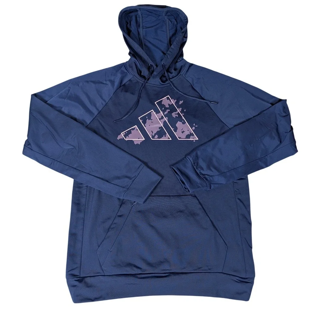 Adidas Mens Navy Blue Camo Logo Pullover Hoodie Activewear Regular Fit NEW